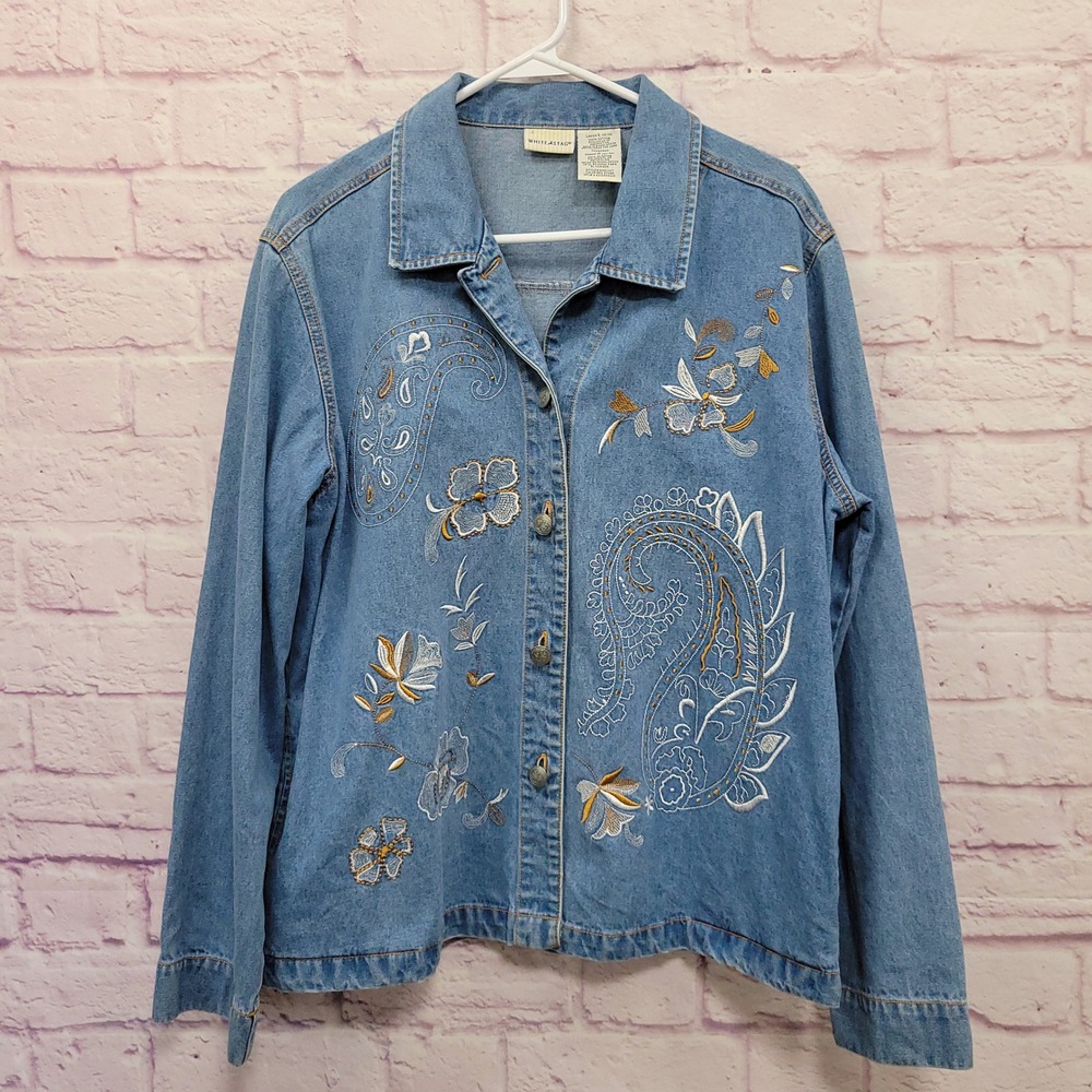 VTG White Stag Denim Jacket L Embroidered Paisley Floral Jeans 90s Boho Western